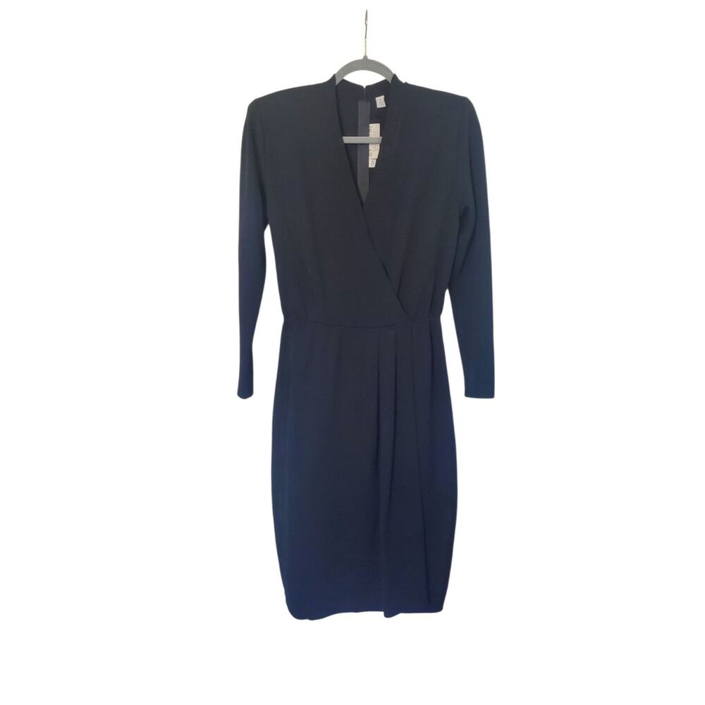 Vintage St. John Evening Black Classic Santana Knit Faux Wrap Midi Dress, Size 6